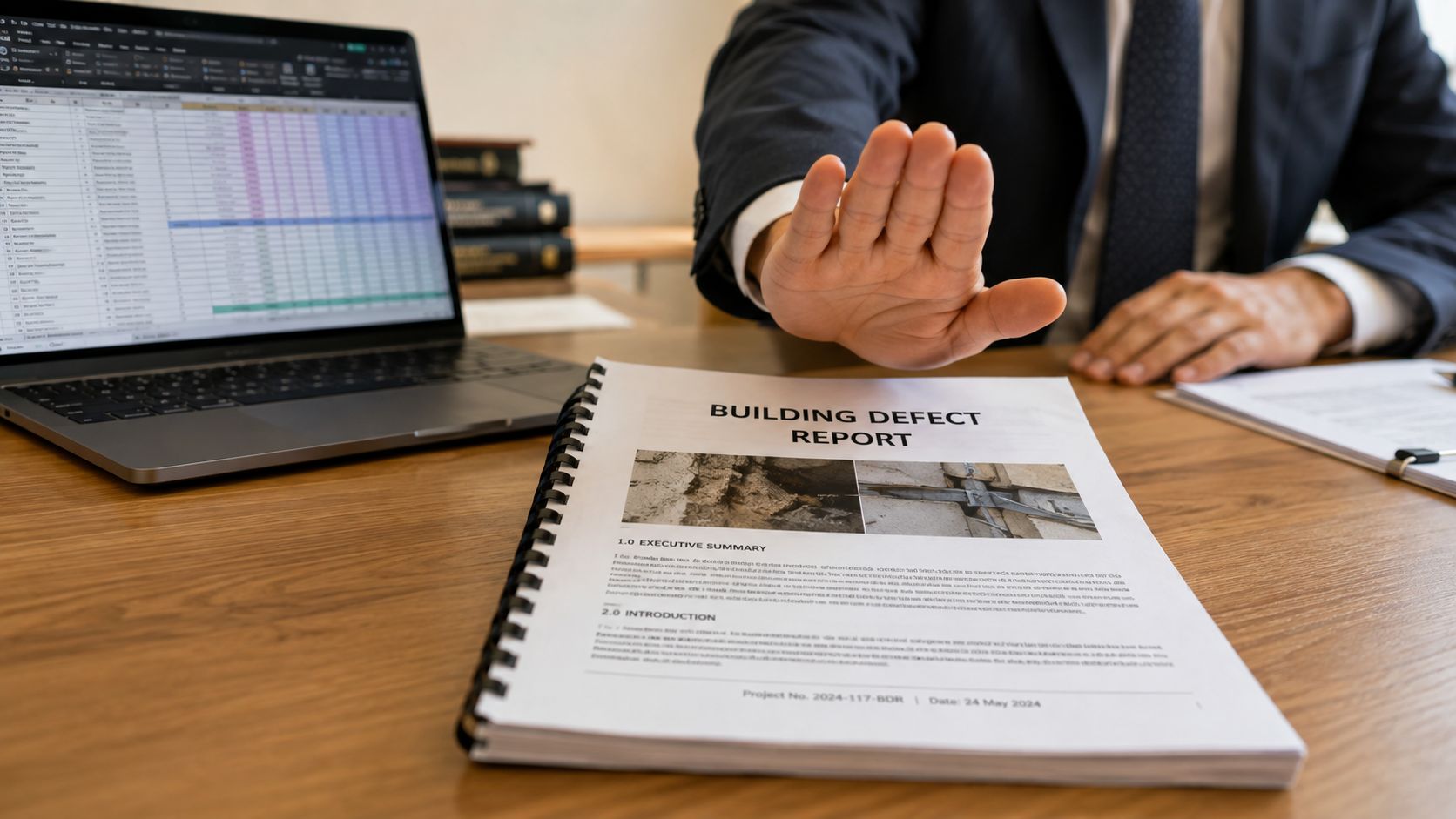 A professional in a suit makes a stop gesture over a building defect report on a desk.