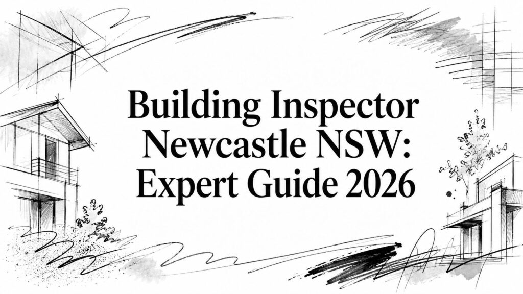Bold title: 'Building Inspector Newcastle NSW: Expert Guide 2026' framed by sketchy architectural drawings of houses and construction marks around the edges