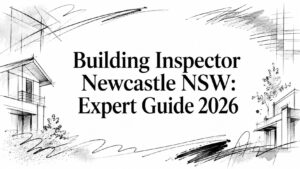 Bold title: 'Building Inspector Newcastle NSW: Expert Guide 2026' framed by sketchy architectural drawings of houses and construction marks around the edges