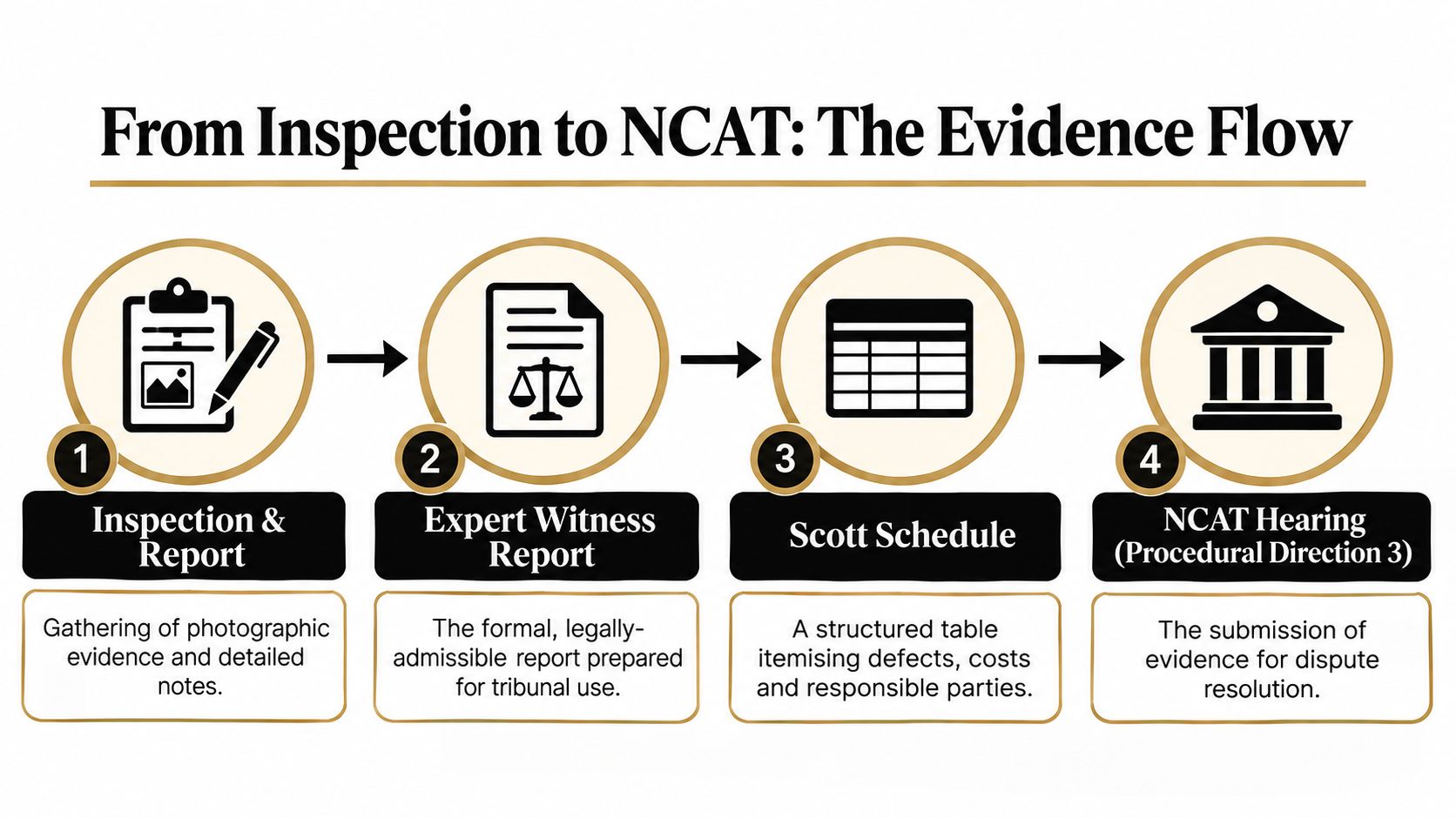 A four-step infographic illustrating the process from inspection and expert reporting to the final NCAT hearing.