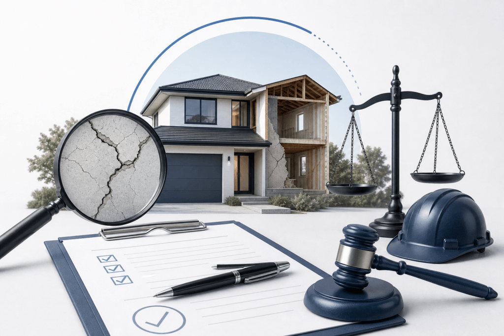 c063170d-bec6-4959-9933-62fe2bc17486 - Awesim Building Consultants Real estate law concept: a partially built house with a cracked magnifying glass, scales of justice, a gavel, a hard hat, and a checklist pencil on a clipboard.