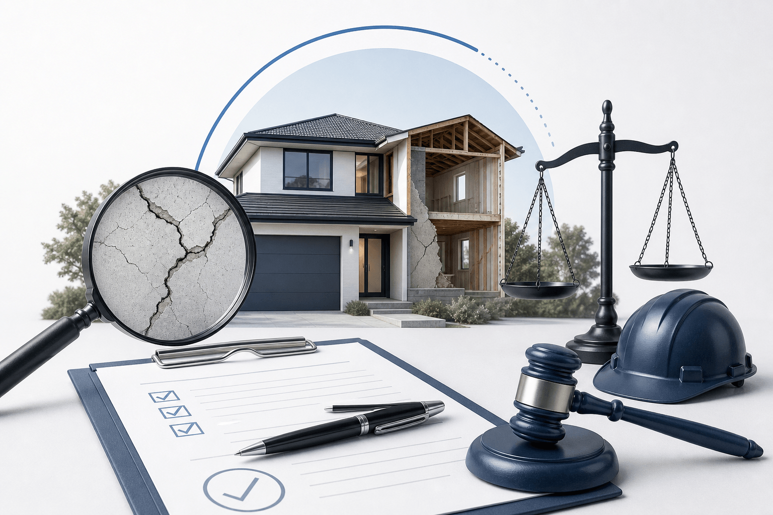 Real estate law concept: a partially built house with a cracked magnifying glass, scales of justice, a gavel, a hard hat, and a checklist pencil on a clipboard.