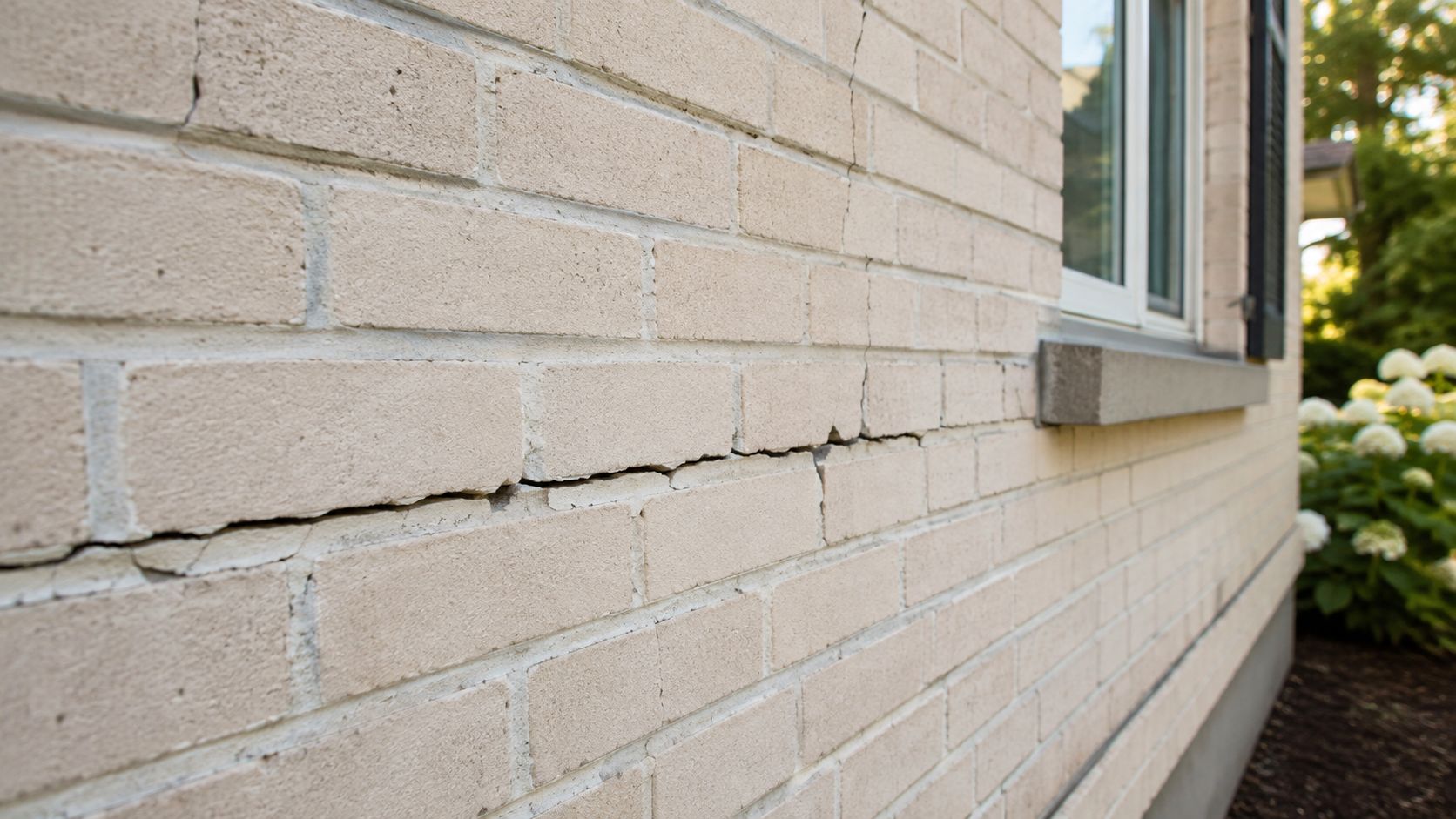 A close-up view of a brick wall on a residential building showing significant horizontal structural cracking.