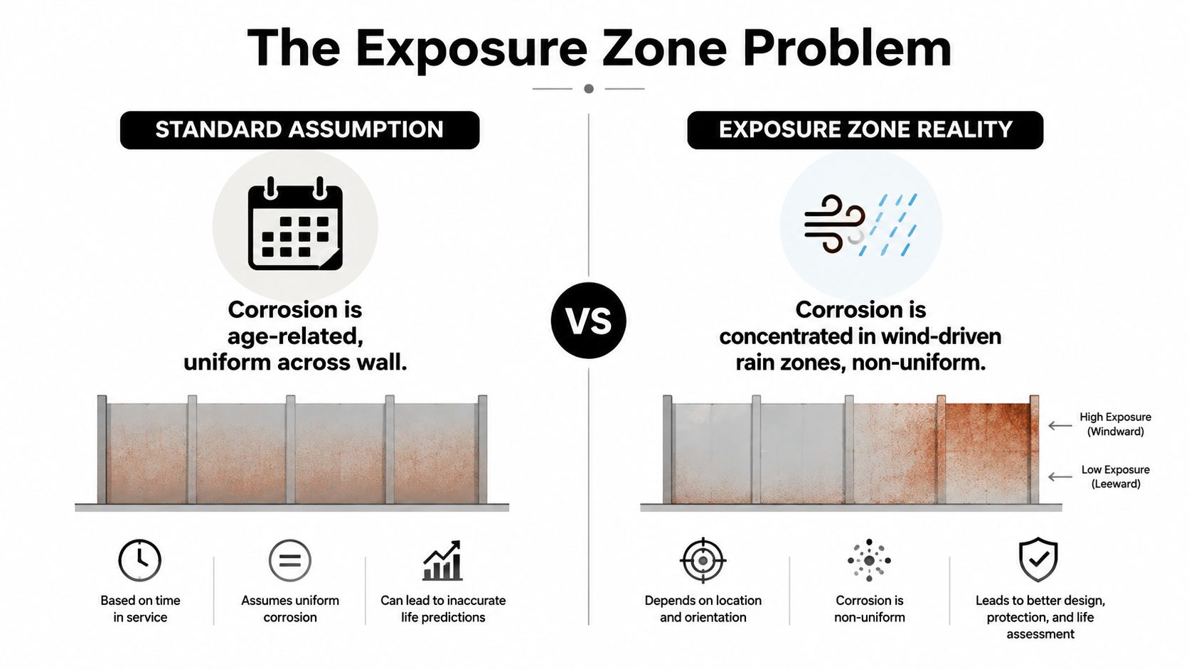 A diagram comparing standard uniform corrosion assumptions with the reality of non-uniform wind-driven rain corrosion zones.