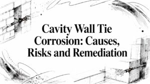 Title banner reading 'Cavity Wall Tie Corrosion: Causes, Risks and Remediation' with abstract architectural sketch background.