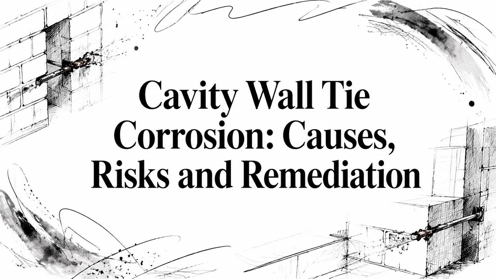 Title banner reading 'Cavity Wall Tie Corrosion: Causes, Risks and Remediation' with abstract architectural sketch background.