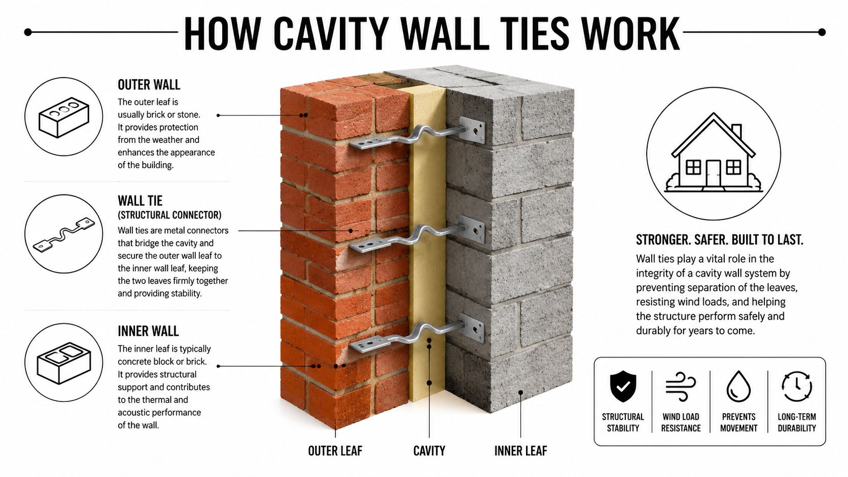 A diagram illustrating the components of a cavity wall system including the outer leaf, wall ties, and inner leaf.