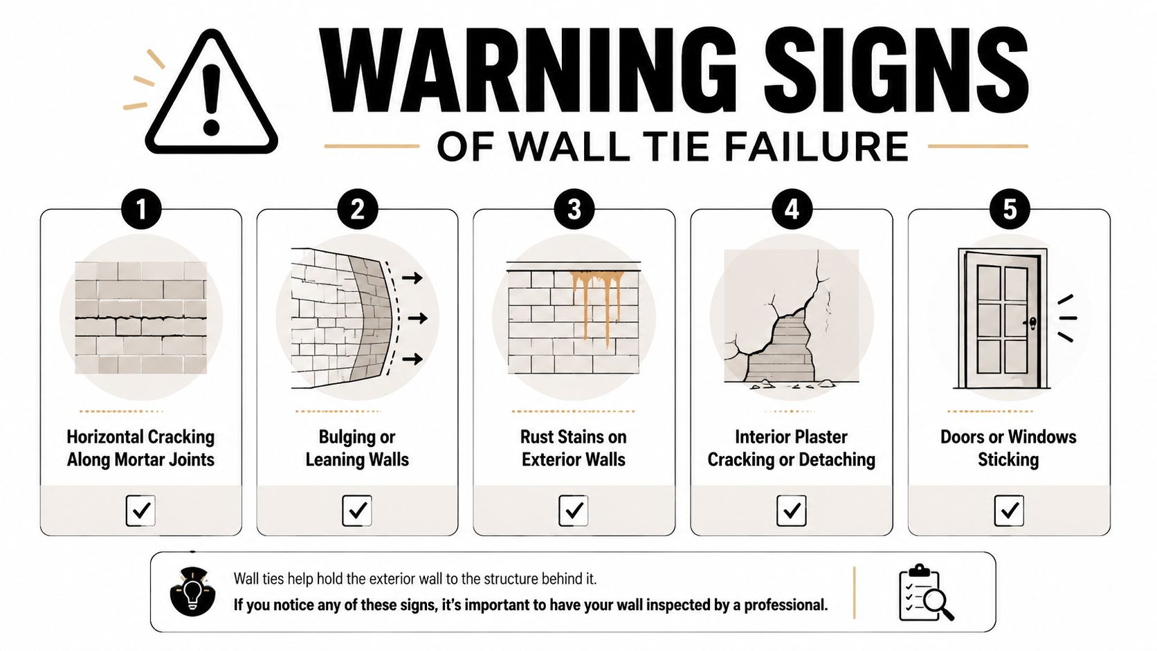 An infographic showing five warning signs of cavity wall tie failure including structural cracks and bulging.