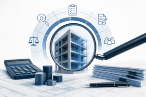 Magnifying glass over a building under construction with related icons (docs, finance, team) around it, illustrating due diligence and inspection for construction projects.