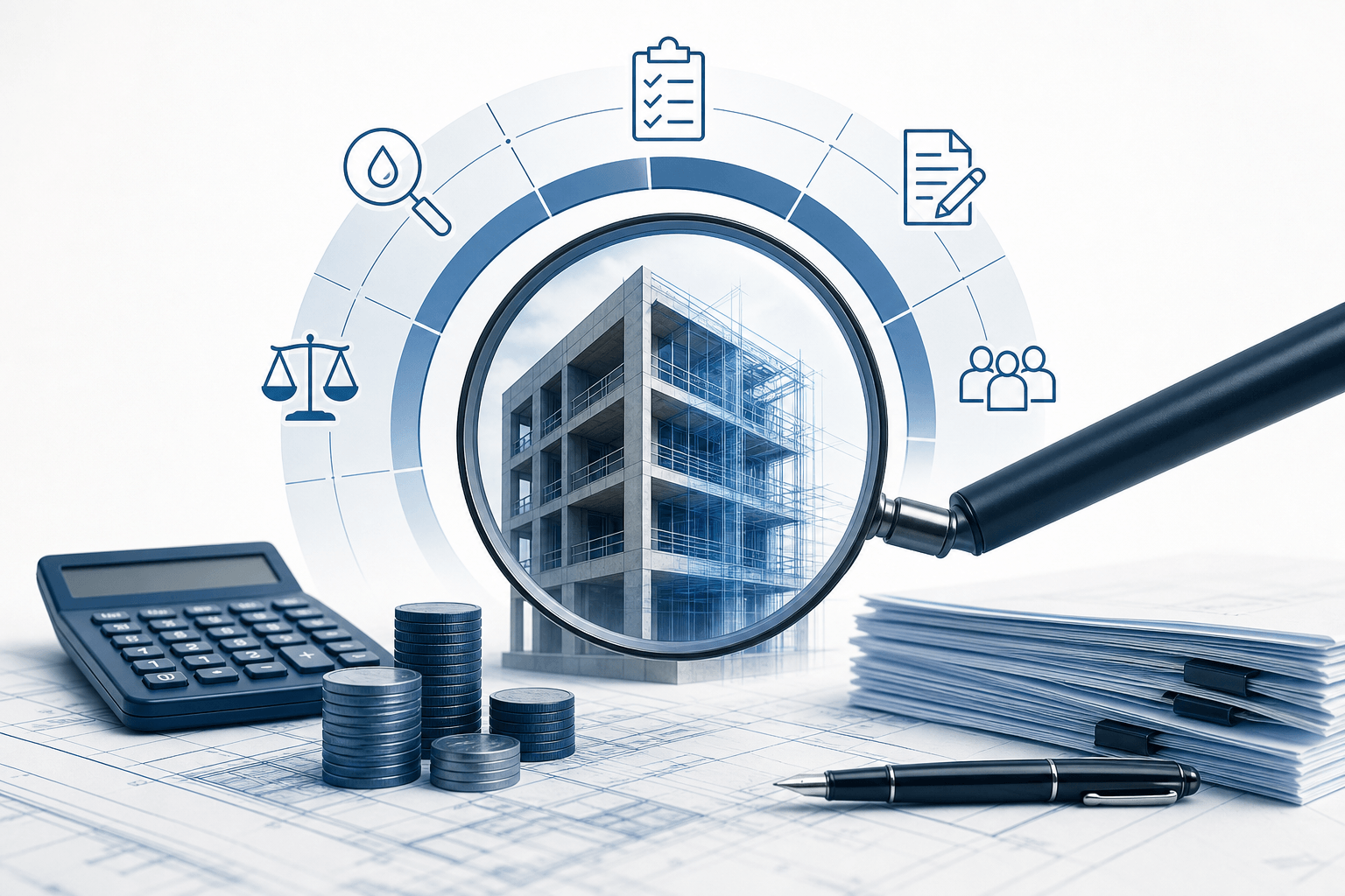 Magnifying glass over a building under construction with related icons (docs, finance, team) around it, illustrating due diligence and inspection for construction projects.