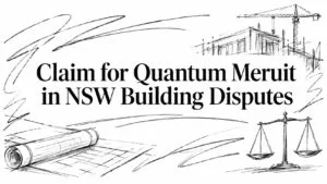 Banner text reads 'Claim for Quantum Merit in NSW Building Disputes' with architectural sketches, crane, and scales of justice in the background.