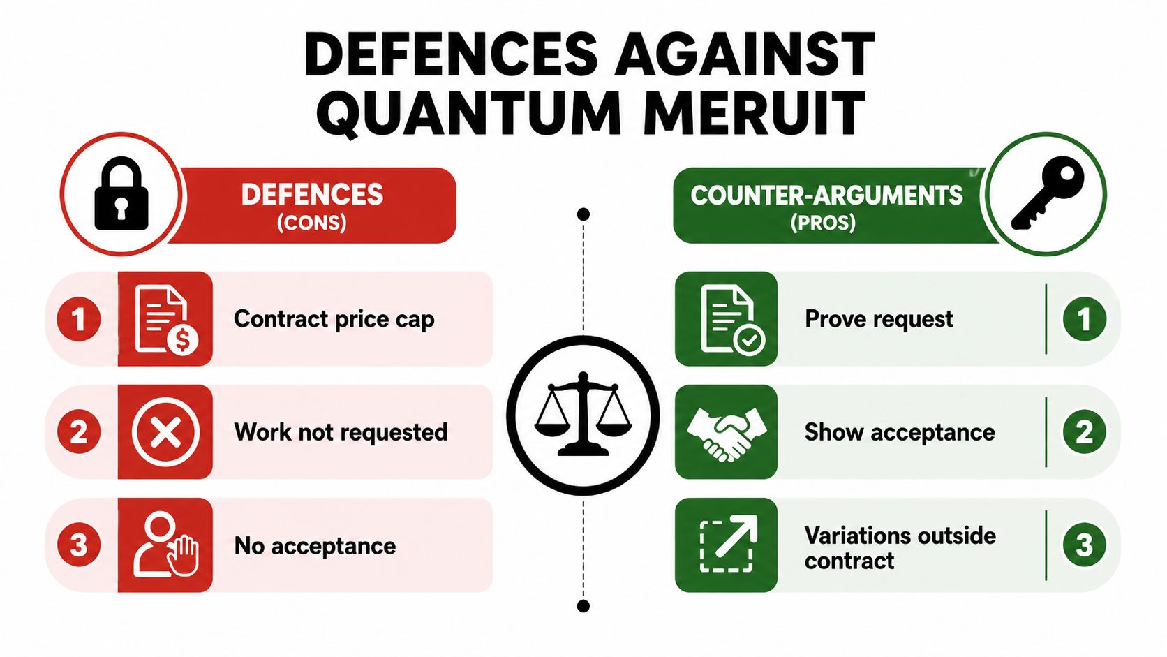 An infographic comparing defences against quantum meruit claims with their corresponding counter-arguments in a balanced layout.