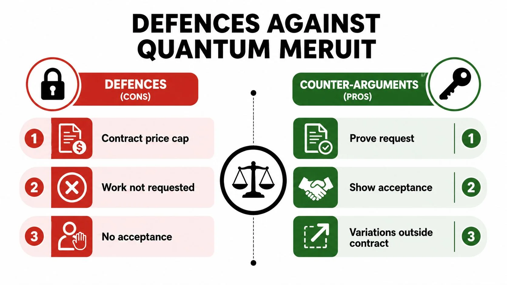 An infographic comparing defences against quantum meruit claims with their corresponding counter-arguments in a balanced layout.
