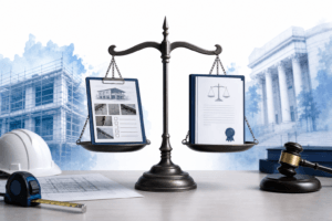 d960545f-e283-4345-80b8-eead79fc89e2 - Awesim Building Consultants Bronze balance scales weighing construction documents against a legal file, with a gavel, hard hat, and blueprints in a judicial-office setting.