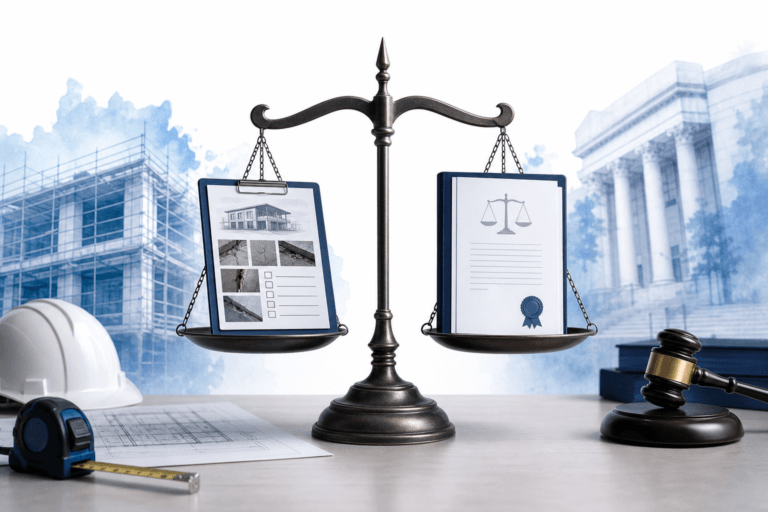 Bronze balance scales weighing construction documents against a legal file, with a gavel, hard hat, and blueprints in a judicial-office setting.