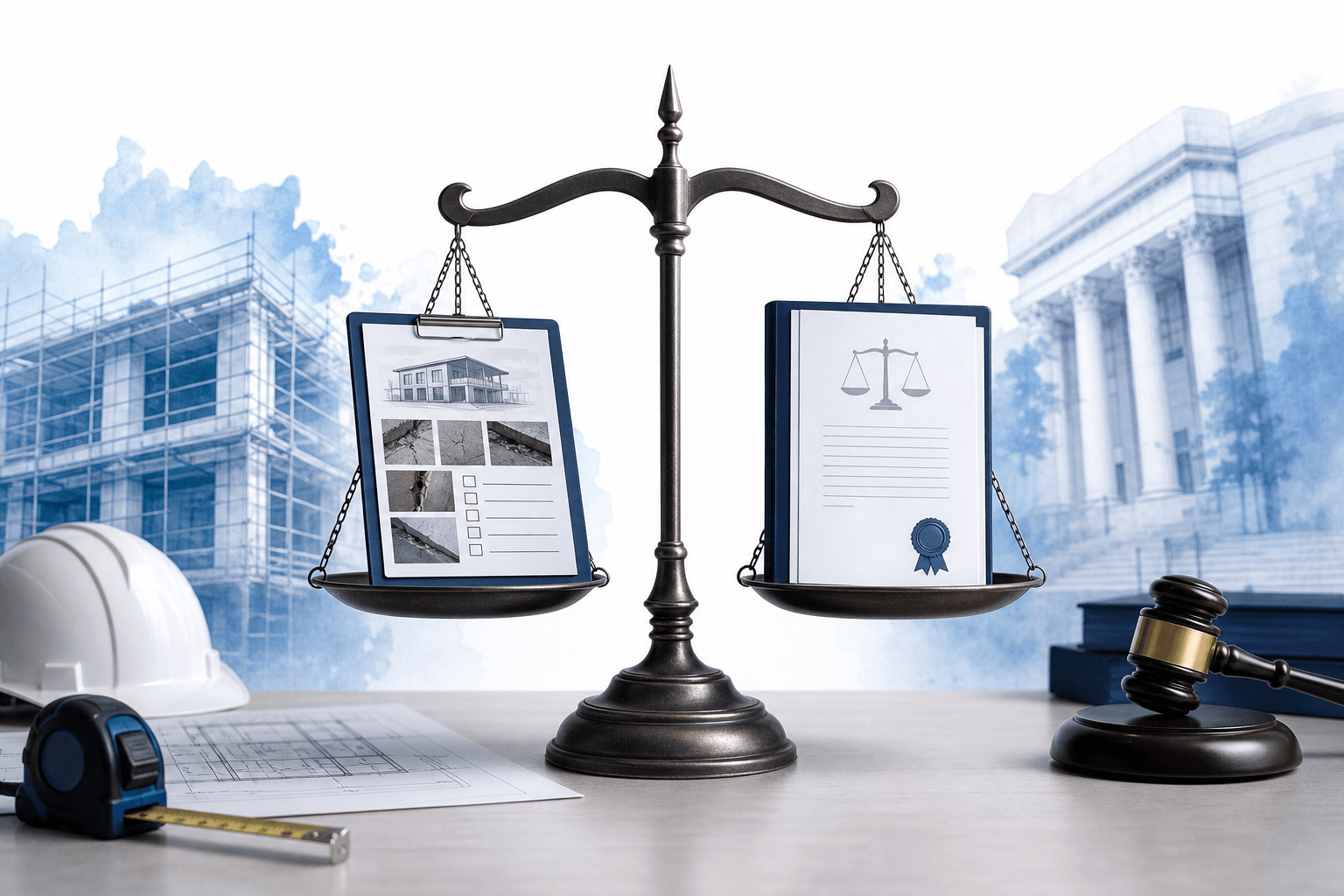 Bronze balance scales weighing construction documents against a legal file, with a gavel, hard hat, and blueprints in a judicial-office setting.