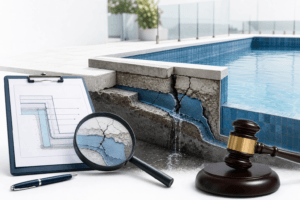 Cracked concrete pool edge with blueprint, magnifying glass, pen, and a gavel, implying inspection or legal action over pool damage.