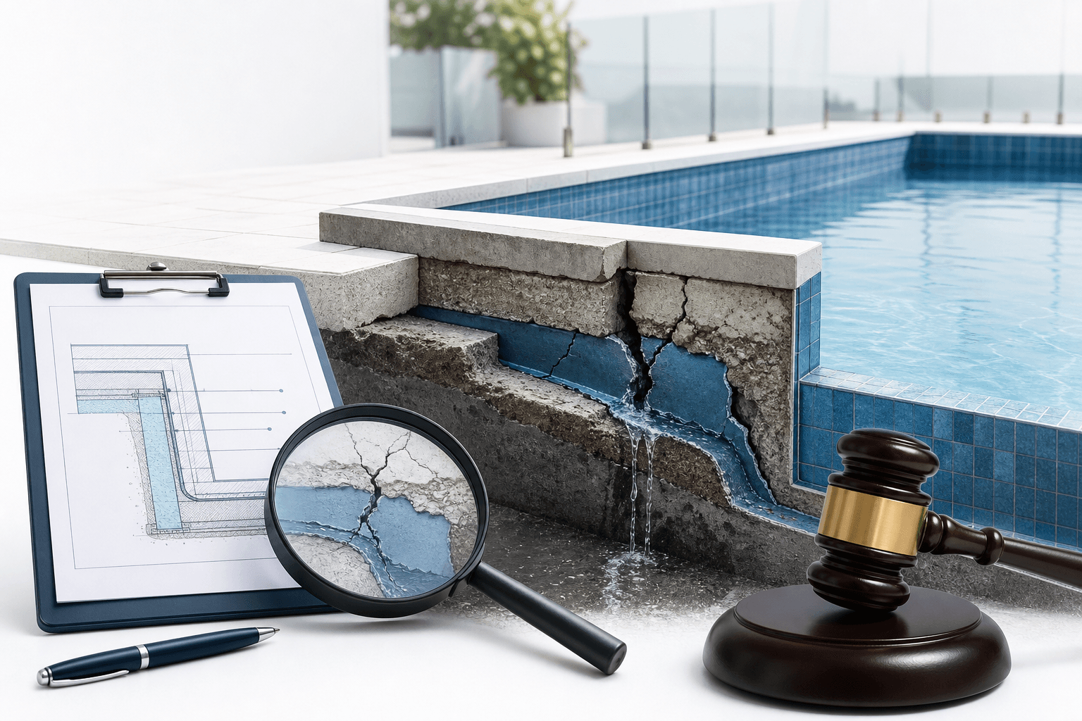 Cracked concrete pool edge with blueprint, magnifying glass, pen, and a gavel, implying inspection or legal action over pool damage.