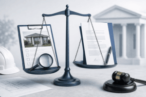 Real estate legal scene: scales of justice balancing a house image with a magnifying glass on the left and documents with a pen on the right, courthouse in the background.