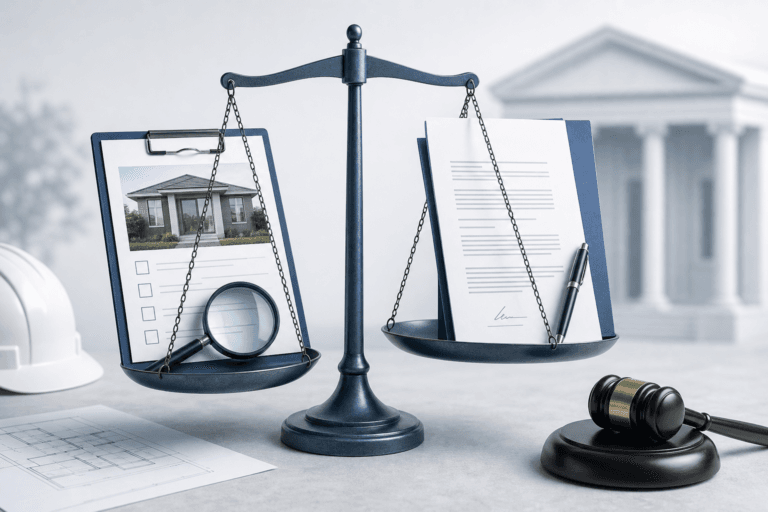 Real estate legal scene: scales of justice balancing a house image with a magnifying glass on the left and documents with a pen on the right, courthouse in the background.