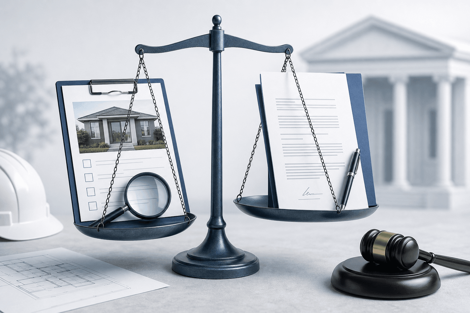 Real estate legal scene: scales of justice balancing a house image with a magnifying glass on the left and documents with a pen on the right, courthouse in the background.