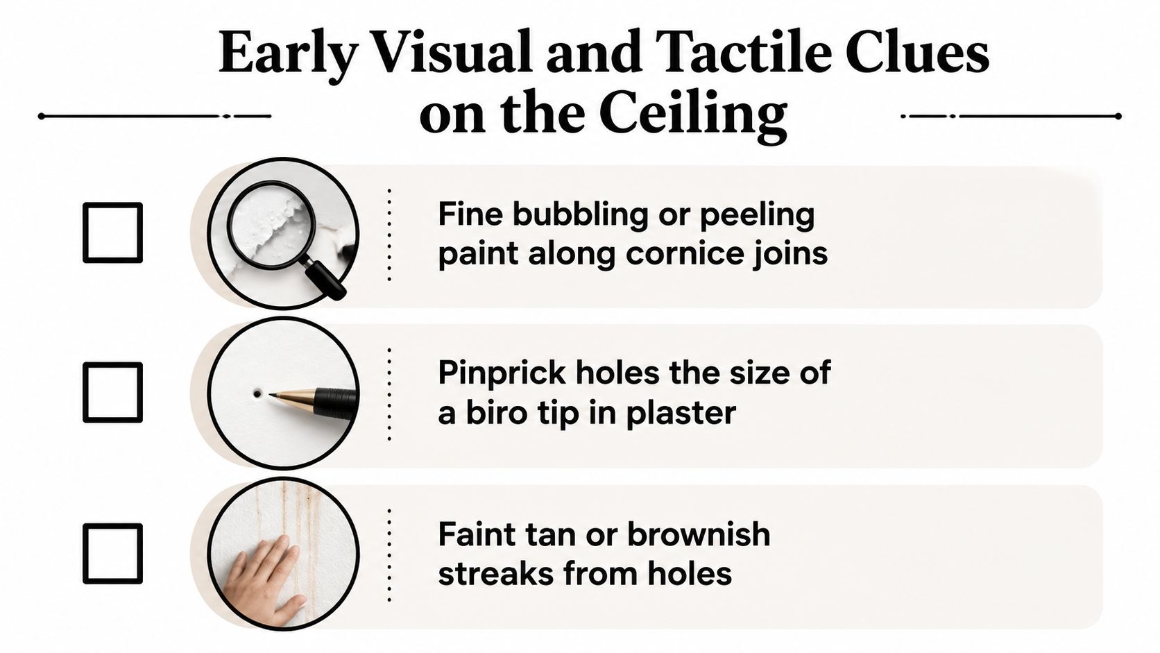 A checklist illustrating early visual and tactile signs of termite damage found on home ceilings.