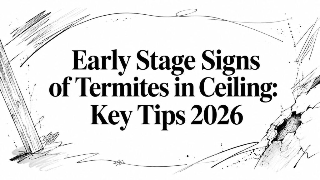 Title card: 'Early Stage Signs of Termites in Ceiling: Key Tips 2026' with abstract ink sketch borders on white background