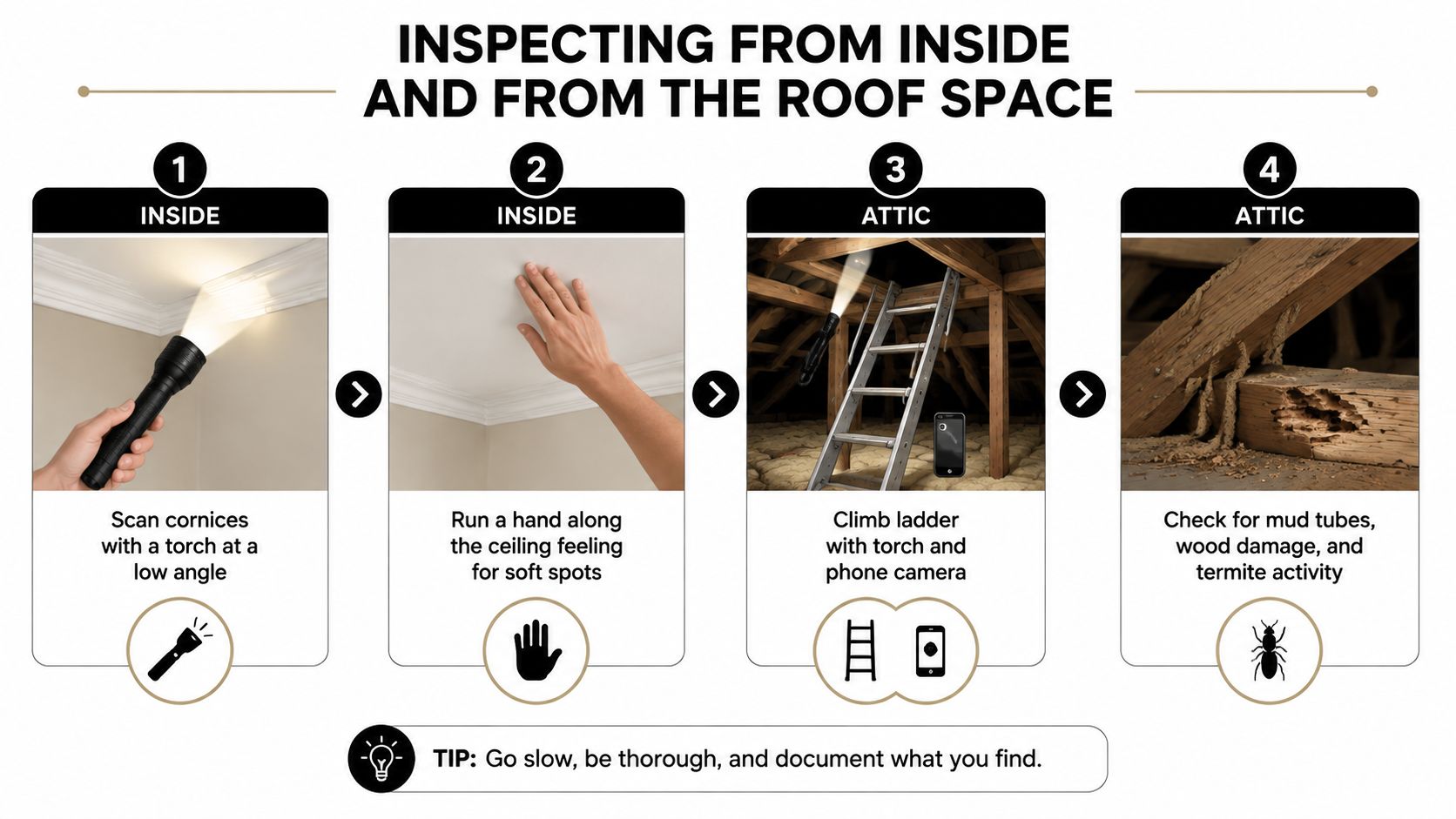 A four-step infographic illustrating how to inspect a ceiling for early termite signs from inside and above.