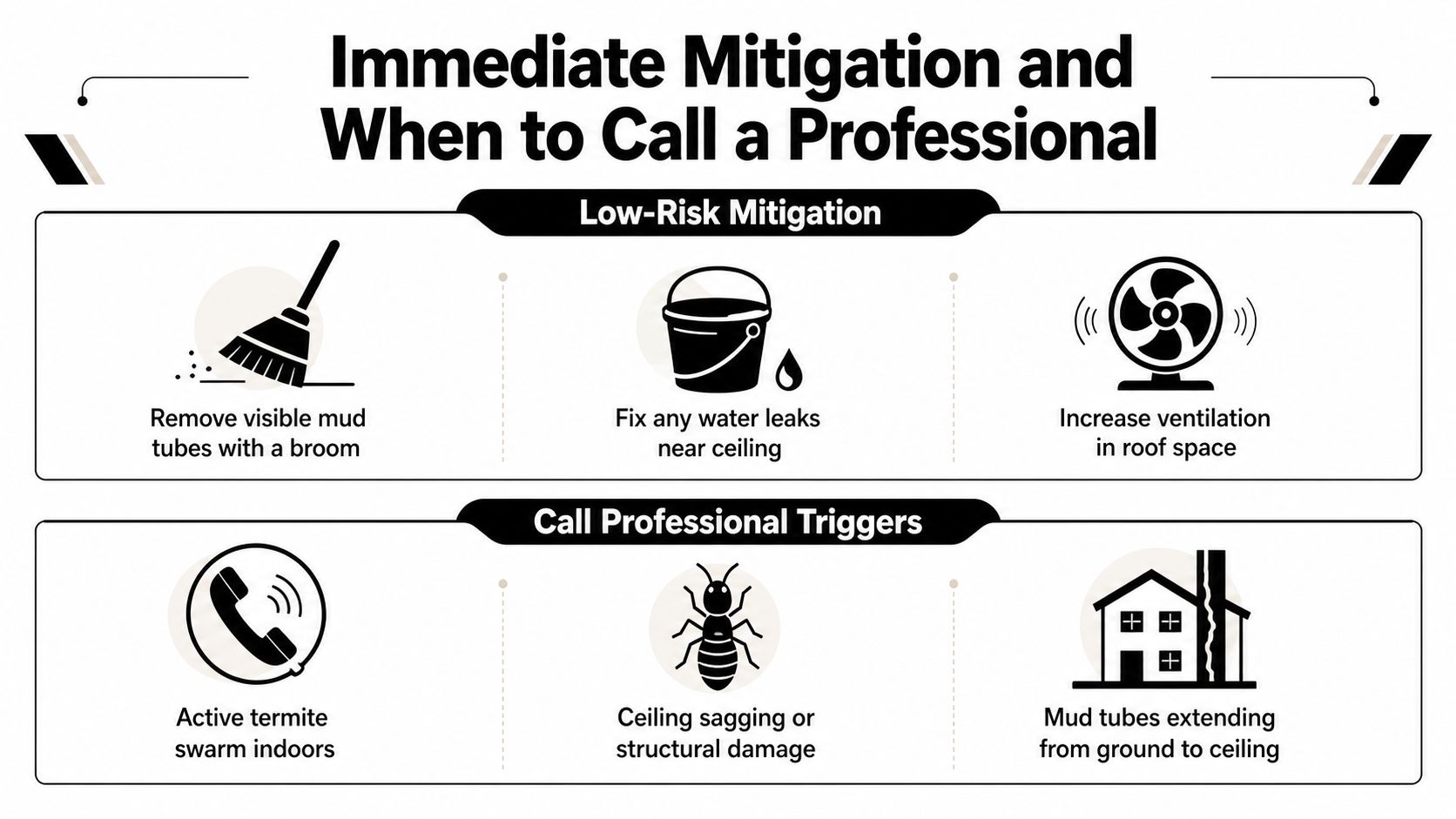 An infographic showing low-risk mitigation tips for termites and when to call professional help for property damage.
