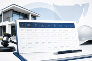 Gavel, pen, and a large construction forms sheet on a desk in front of a modern house, symbolizing real estate law and permits.