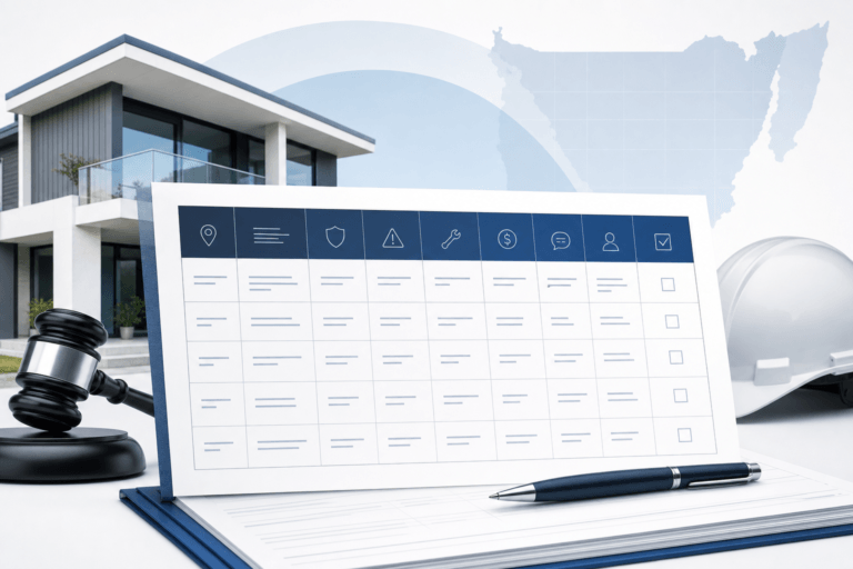 Gavel, pen, and a large construction forms sheet on a desk in front of a modern house, symbolizing real estate law and permits.