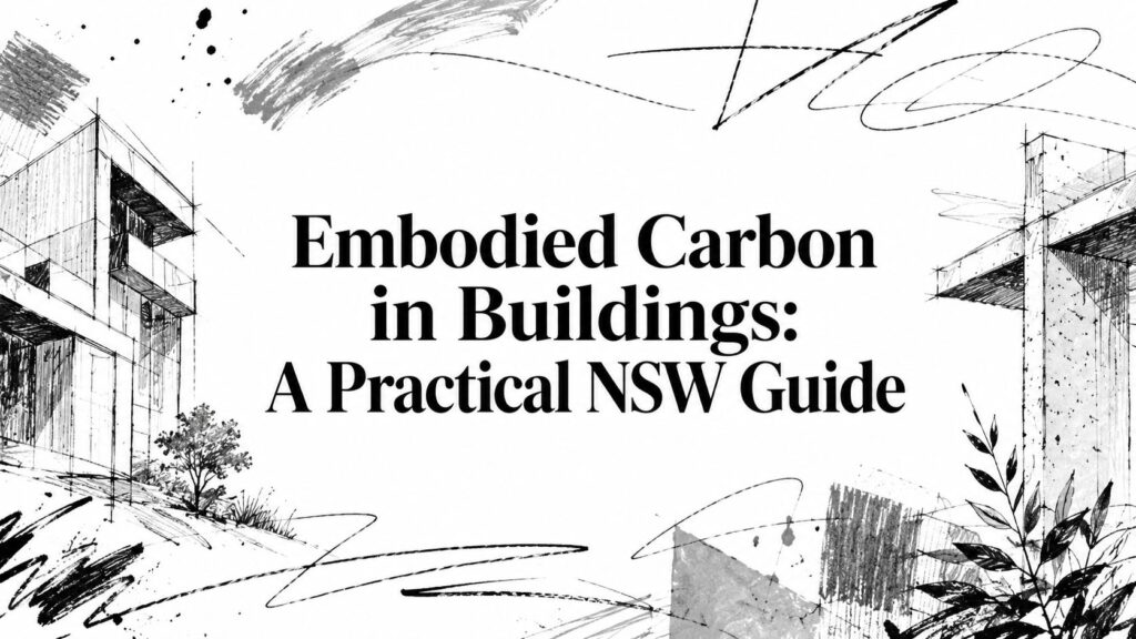 embodied-carbon-in-buildings-architecture-guide - Awesim Building Consultants Book cover featuring hand-drawn building sketches around the title 'Embodied Carbon in Buildings: A Practical NSW Guide'.