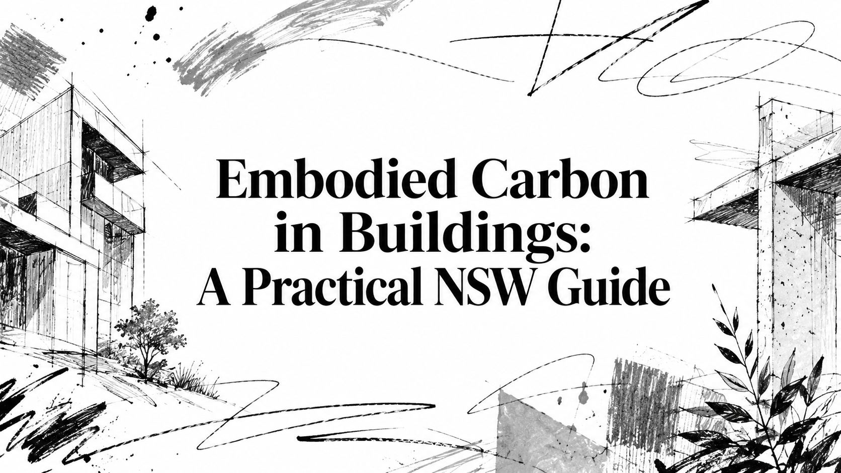 embodied-carbon-in-buildings-architecture-guide - Awesim Building Consultants - Awesim Building Consultants Book cover featuring hand-drawn building sketches around the title 'Embodied Carbon in Buildings: A Practical NSW Guide'.
