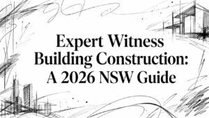 Title page: 'Expert Witness Building Construction — A 2026 NSW Guide' with abstract architectural sketches around the edges to suggest construction themes.