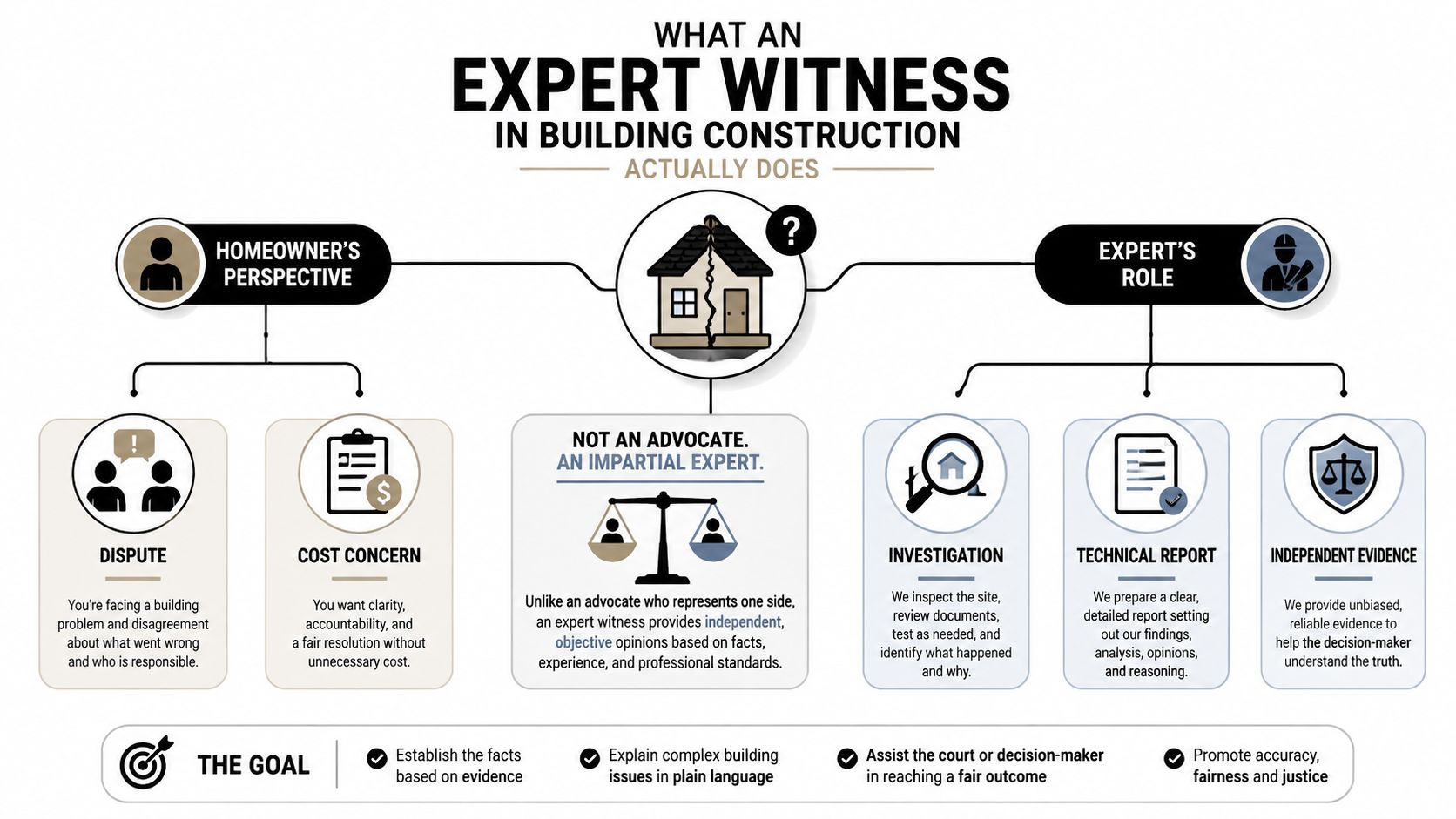 An infographic titled What an Expert Witness in Building Construction Actually Does, showing homeowner perspectives and expert roles.