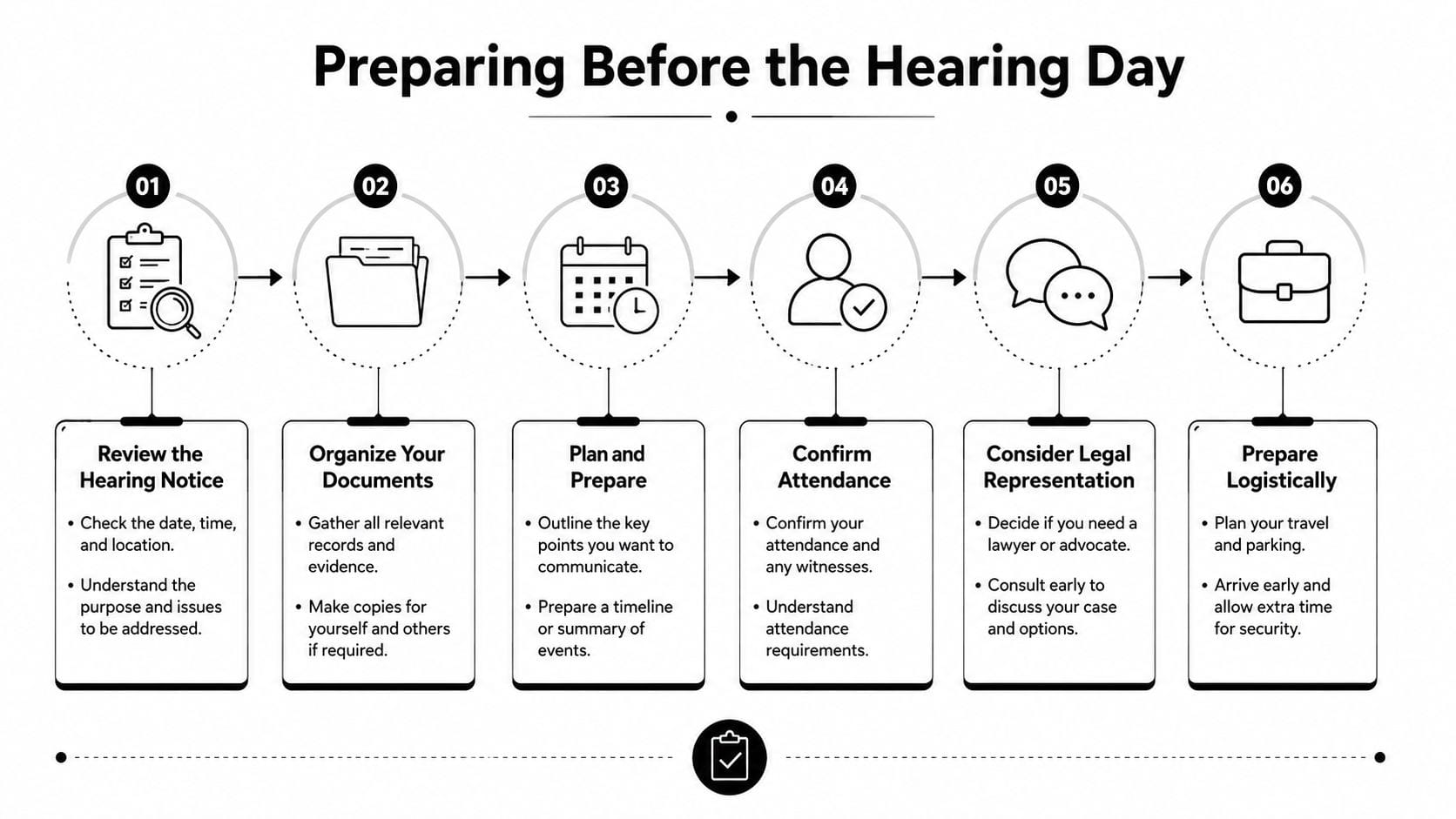 A six-step infographic detailing how to prepare before a legal hearing day with clear icon-based instructions.