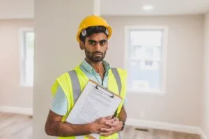 Construction worker in a yellow hard hat and reflective vest holding a clipboard indoors.