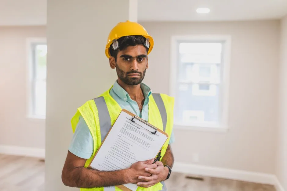 featured-8293670 - Awesim Building Consultants - Awesim Building Consultants Construction worker in a yellow hard hat and reflective vest holding a clipboard indoors.