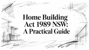 Title card reading 'Home Building Act 1989 NSW: A Practical Guide' framed by hand-drawn architectural sketches of a house and construction lines.