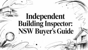 Cover for NSW Buyer's Guide: Independent Building Inspector, with sketch-style house drawings and a magnifying glass