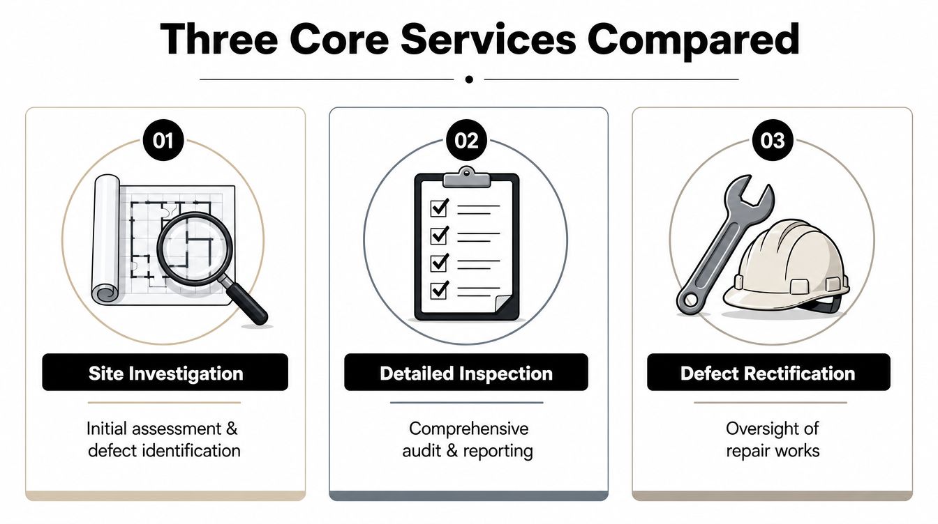 An infographic titled Three Core Services Compared, detailing site investigation, detailed inspection, and defect rectification services for buildings.