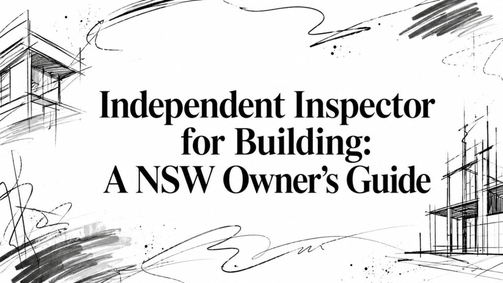 Cover image for a NSW owner’s guide: 'Independent Inspector for Building' with architectural sketches in black and white around the title.