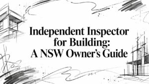 Cover image for a NSW owner’s guide: 'Independent Inspector for Building' with architectural sketches in black and white around the title.