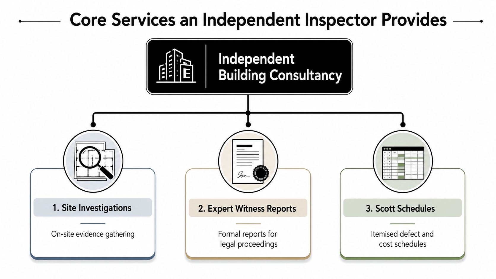 A diagram illustrating the three core services of an independent building consultancy: site investigations, expert witness reports, and Scott schedules.
