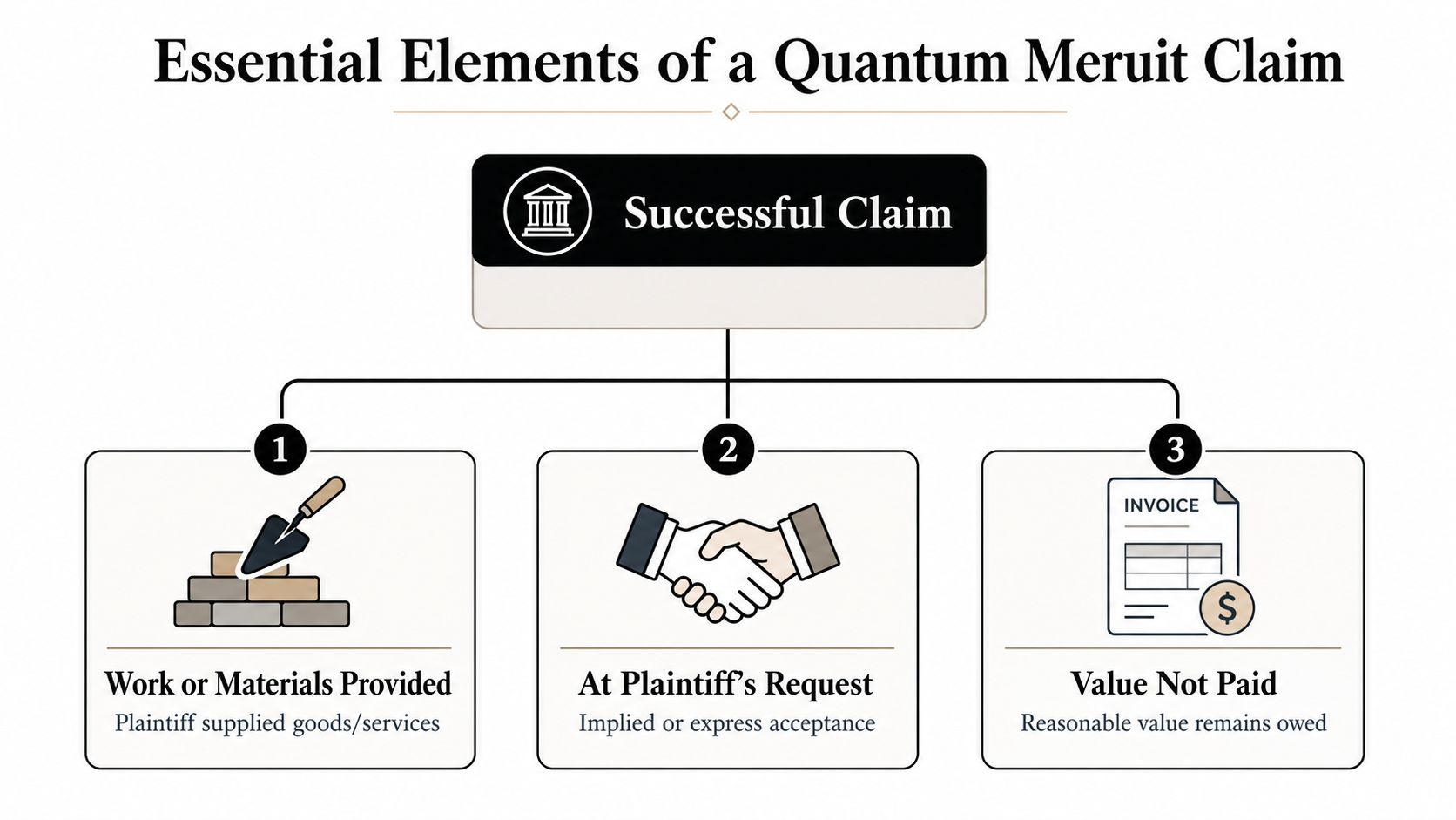 A diagram outlining the three essential elements of a quantum meruit claim for legal services.