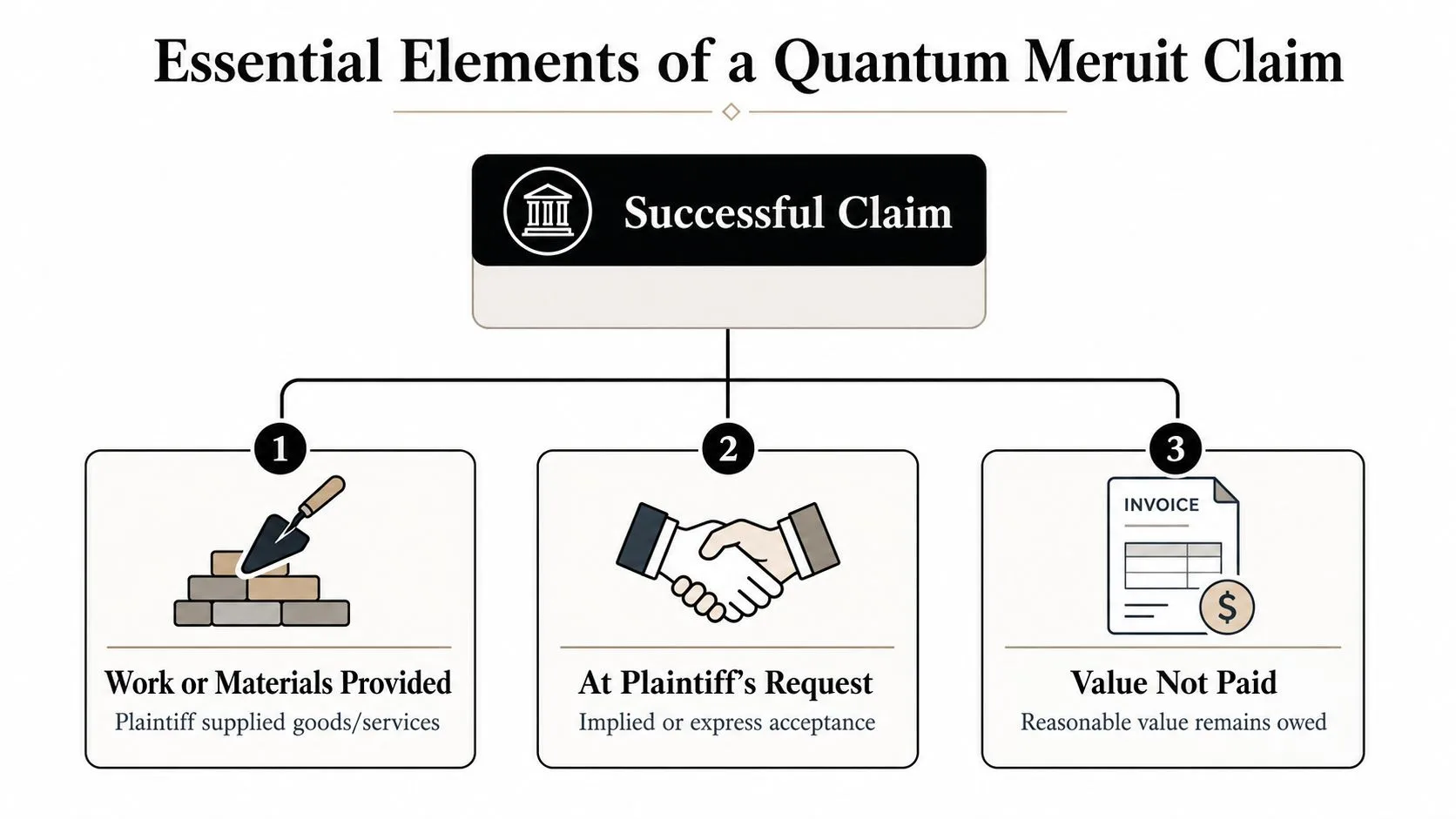 A diagram outlining the three essential elements of a quantum meruit claim for legal services.