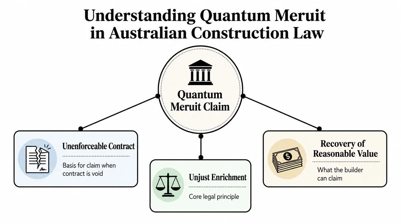 A diagram explaining the legal concept of quantum meruit in Australian construction law for builders.