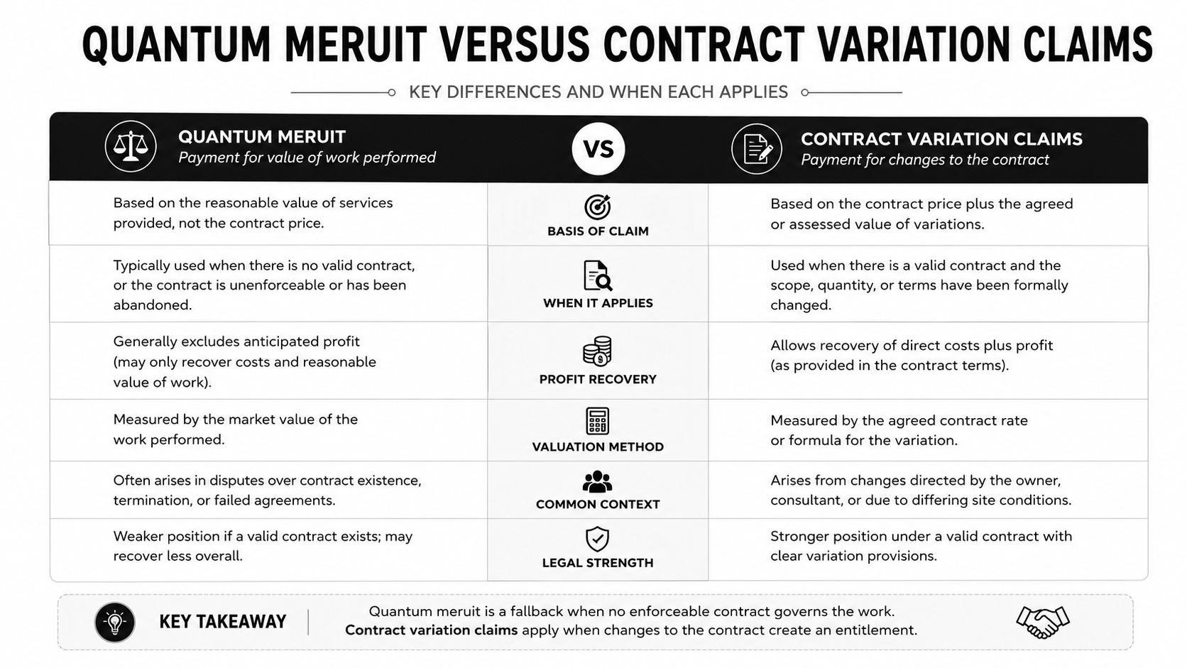 A comparison chart outlining the key differences between quantum meruit and contract variation claims in construction.