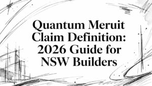 Title card reading 'Quantum Merit Claim Definition: 2026 Guide for NSW Builders' with black abstract scribble borders surrounding the text