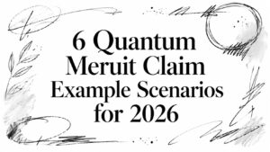 Banner: '6 Quantum Merit Claim Example Scenarios for 2026' with decorative scribbles around the edges to frame the title.